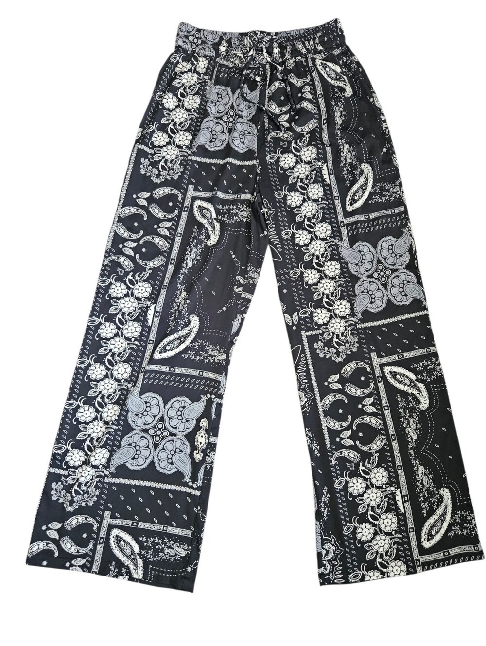 Rachel Zoe Womens Pull On Wide Leg Paisley Floral Black White Palazzo Pants Med